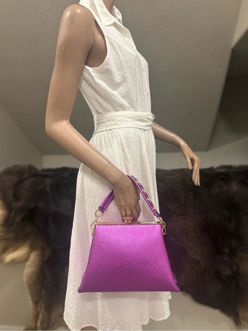 Metallic Purple Pebble Cowhide Handmade Push Lock Boxy Bag, Multi Use Style Bag